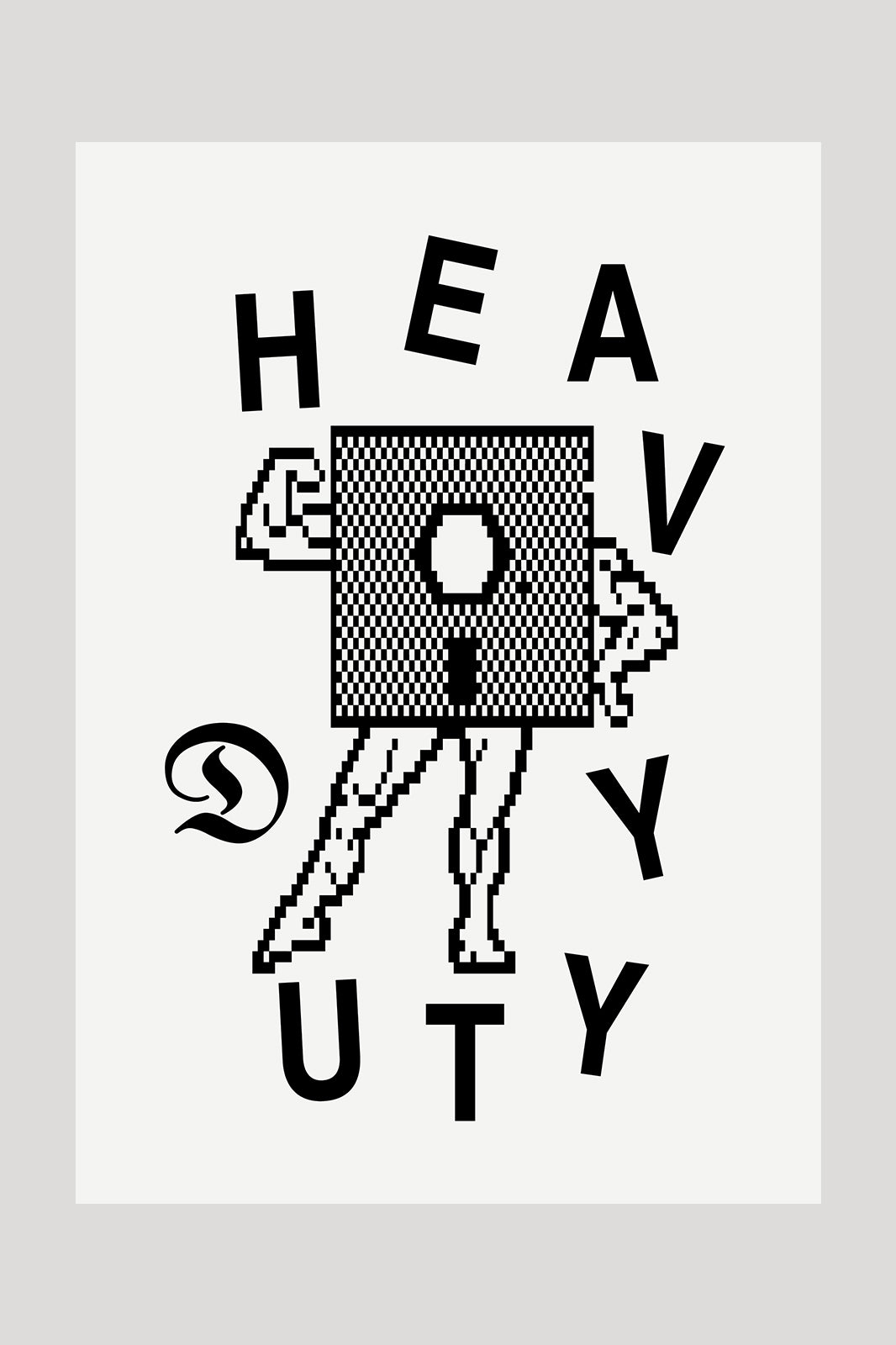 Flat preview of the Duties Tuff print poster featuring a pixel illustration of a floppy disc with arms and legs, as well as text saying 'HEAVY DUTY'.